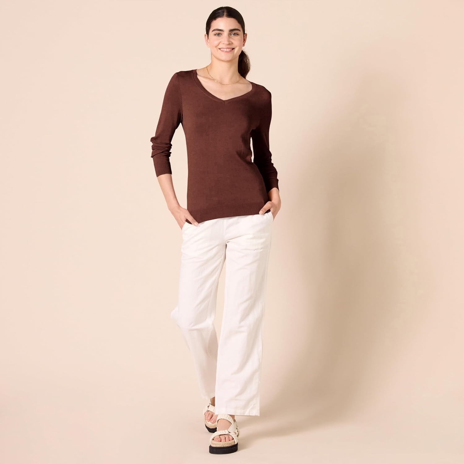 image:imageAmazon Essentials Womens RegularFit Lightweight LongSleeve VNeck Sweater Ribbed Cozy Soft Available in Plus SizeToffee Brown