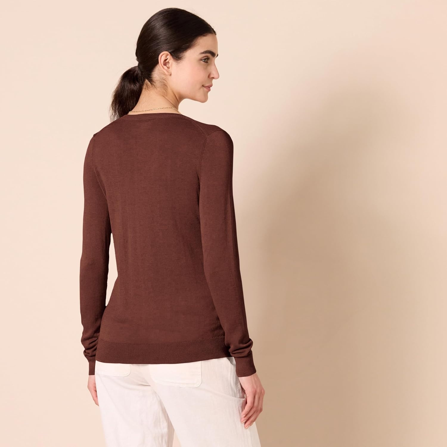 image:imageAmazon Essentials Womens RegularFit Lightweight LongSleeve VNeck Sweater Ribbed Cozy Soft Available in Plus SizeToffee Brown