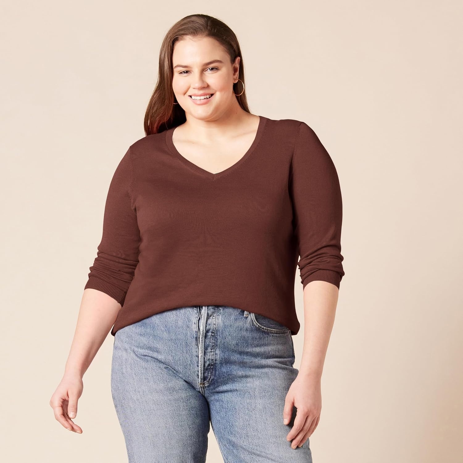 image:imageAmazon Essentials Womens RegularFit Lightweight LongSleeve VNeck Sweater Ribbed Cozy Soft Available in Plus SizeToffee Brown