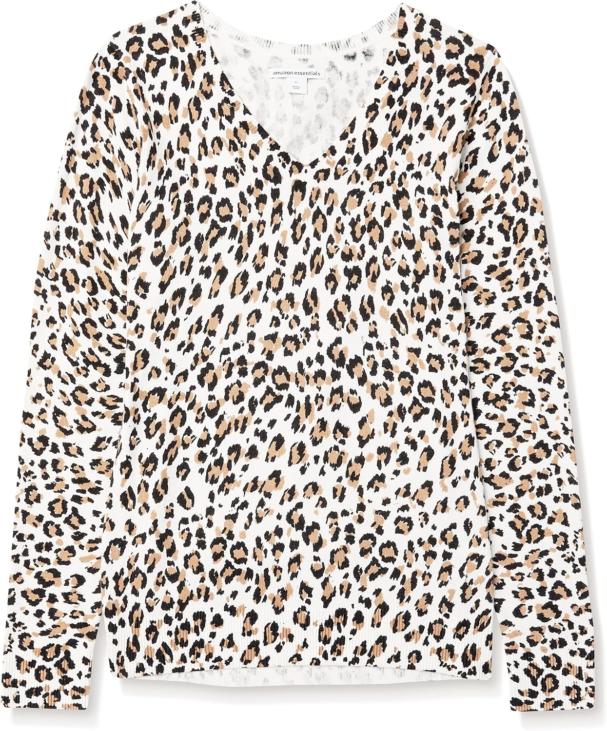 image:imageAmazon Essentials Womens RegularFit Lightweight LongSleeve VNeck Sweater Ribbed Cozy Soft Available in Plus SizeWhiteTan Textured Cheetah
