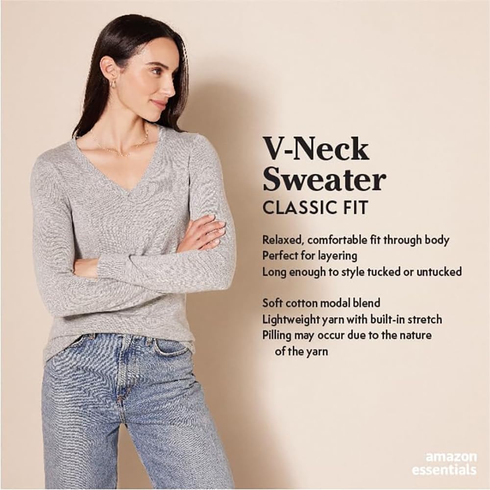 image:imageAmazon Essentials Womens RegularFit Lightweight LongSleeve VNeck Sweater Ribbed Cozy Soft Available in Plus SizeWhiteTan Textured Cheetah