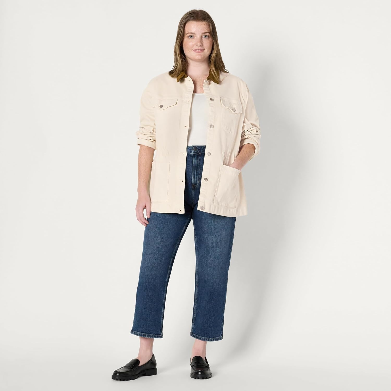 image:imageAmazon Essentials Womens RegularFit Low Stretch Denim Cinched Waist Barn Jacket with Corduroy Collar Chest PocketsEcru