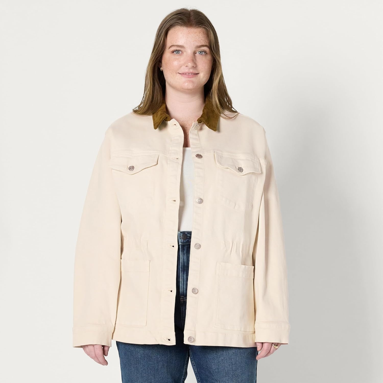 image:imageAmazon Essentials Womens RegularFit Low Stretch Denim Cinched Waist Barn Jacket with Corduroy Collar Chest PocketsEcru