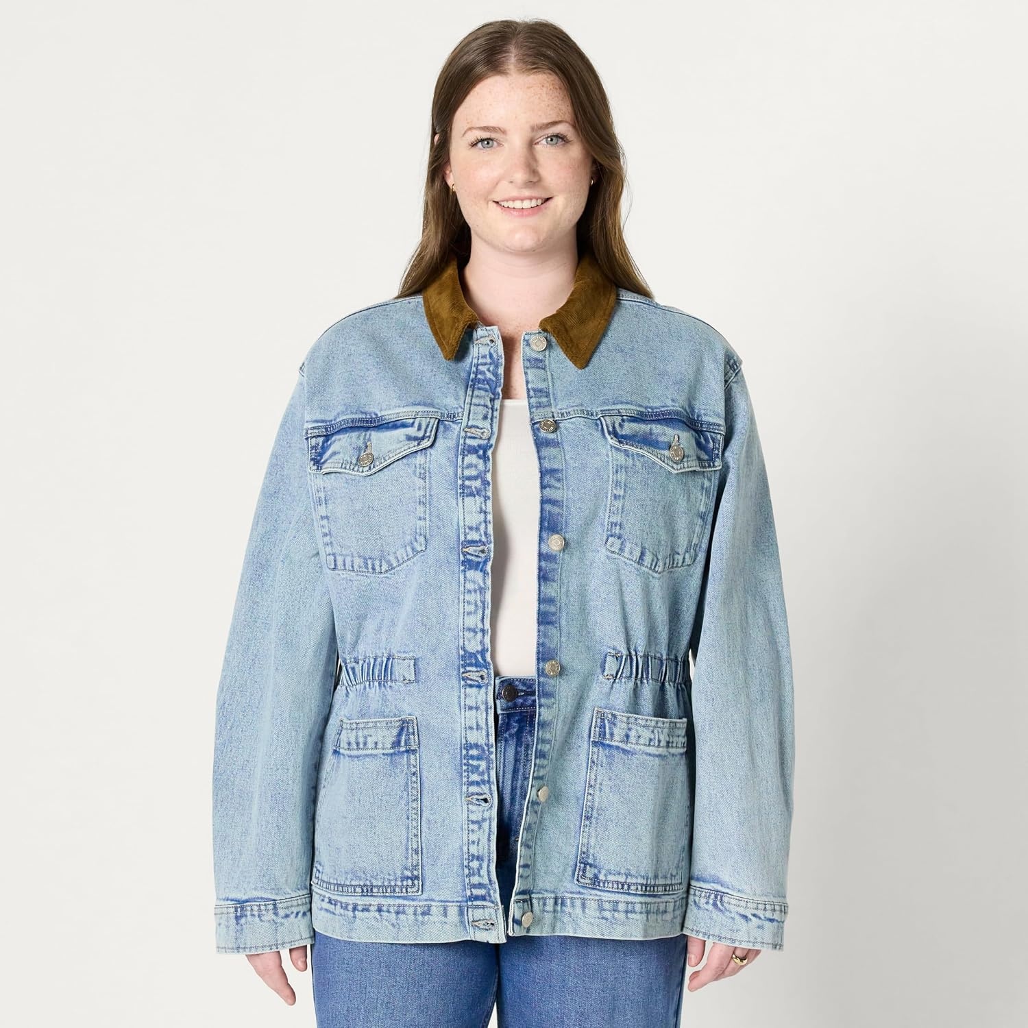 image:imageAmazon Essentials Womens RegularFit Low Stretch Denim Cinched Waist Barn Jacket with Corduroy Collar Chest PocketsIced Light Wash