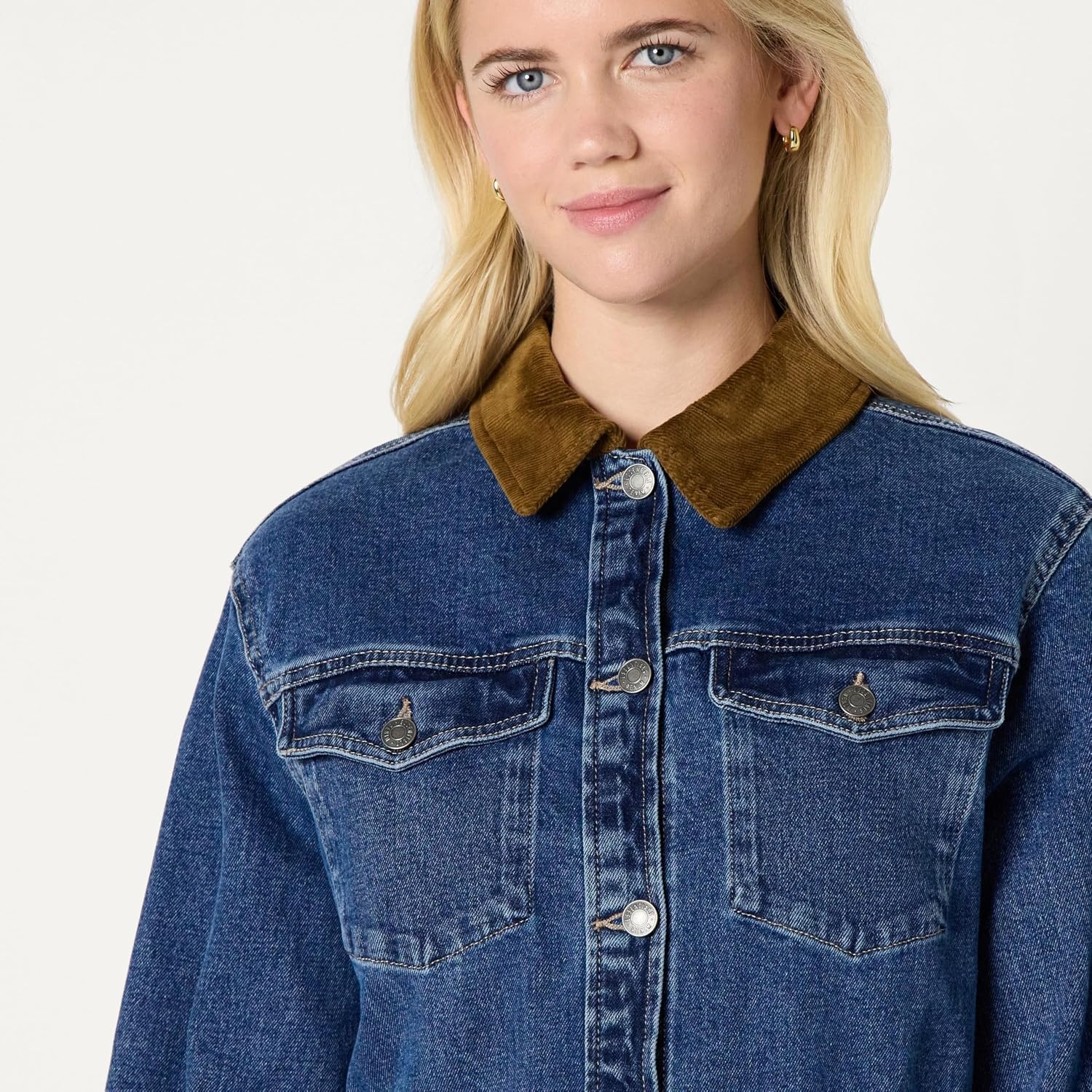 image:imageAmazon Essentials Womens RegularFit Low Stretch Denim Cinched Waist Barn Jacket with Corduroy Collar Chest PocketsMedium Blue Vintage