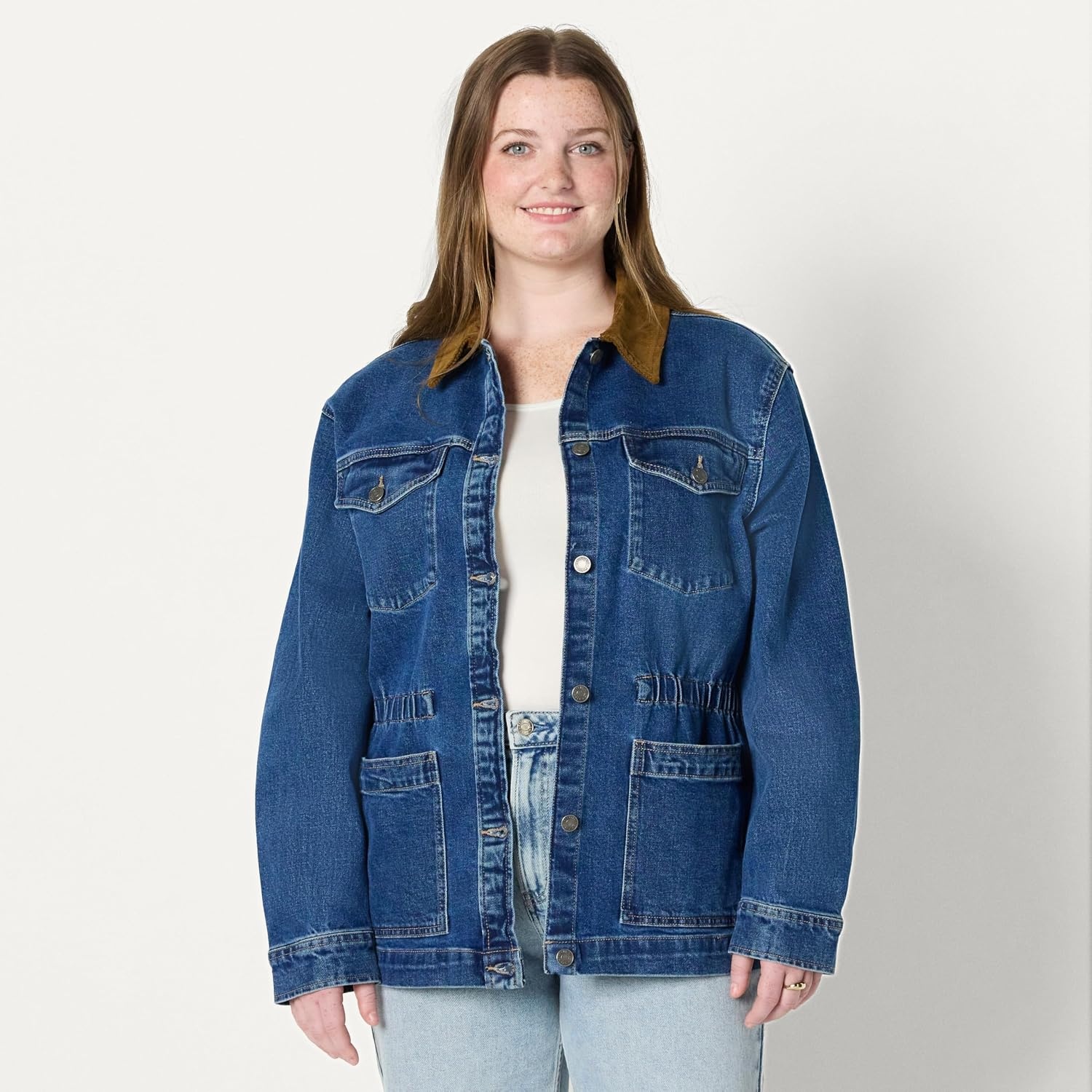 image:imageAmazon Essentials Womens RegularFit Low Stretch Denim Cinched Waist Barn Jacket with Corduroy Collar Chest PocketsMedium Blue Vintage