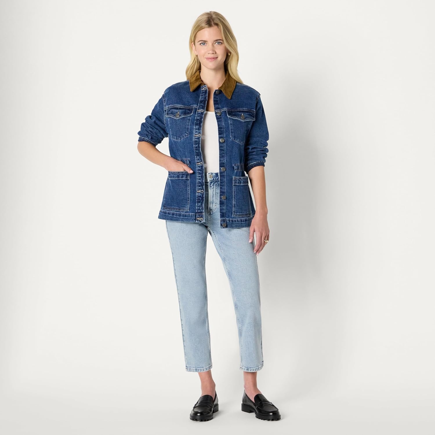 image:imageAmazon Essentials Womens RegularFit Low Stretch Denim Cinched Waist Barn Jacket with Corduroy Collar Chest PocketsMedium Blue Vintage
