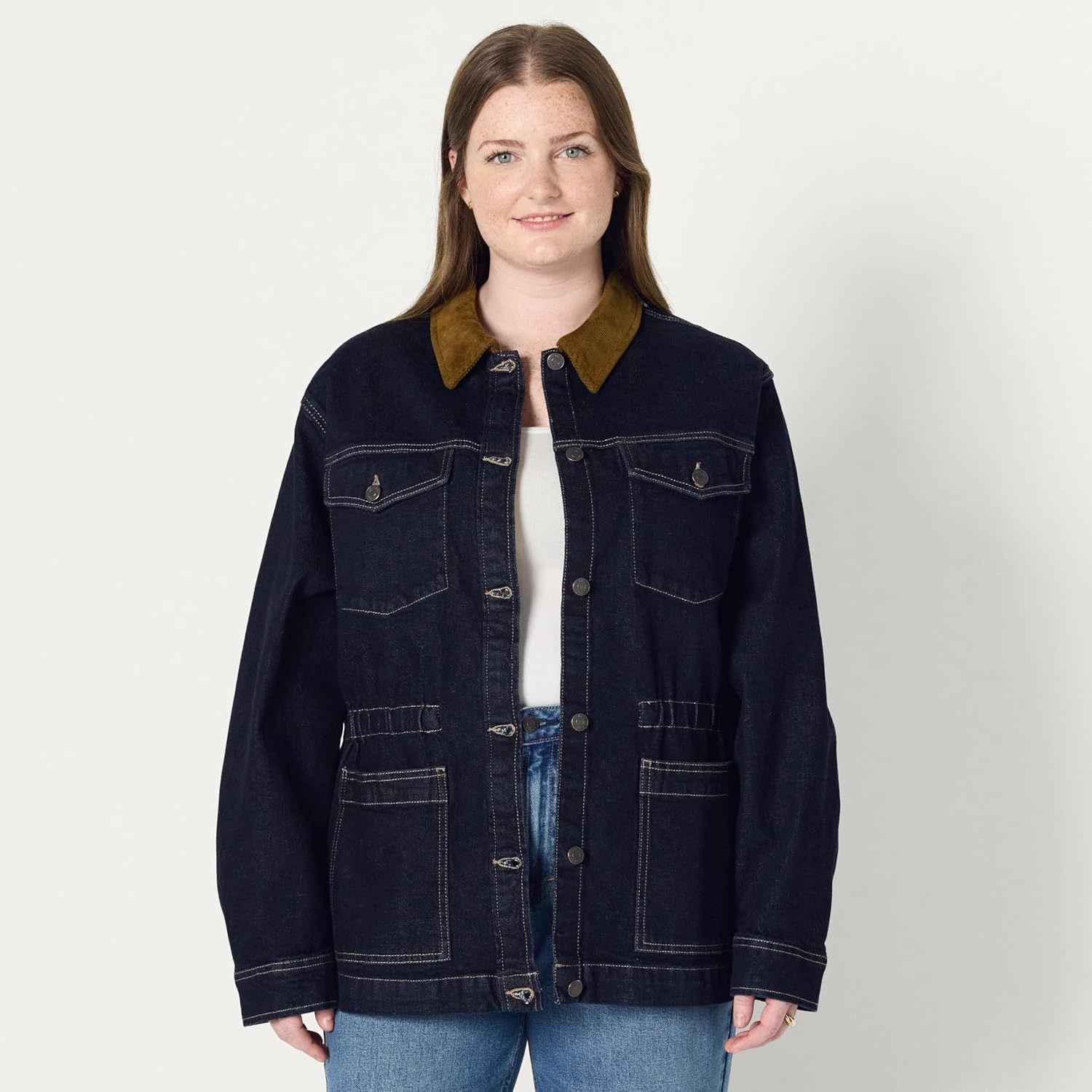 image:imageAmazon Essentials Womens RegularFit Low Stretch Denim Cinched Waist Barn Jacket with Corduroy Collar Chest PocketsRinse