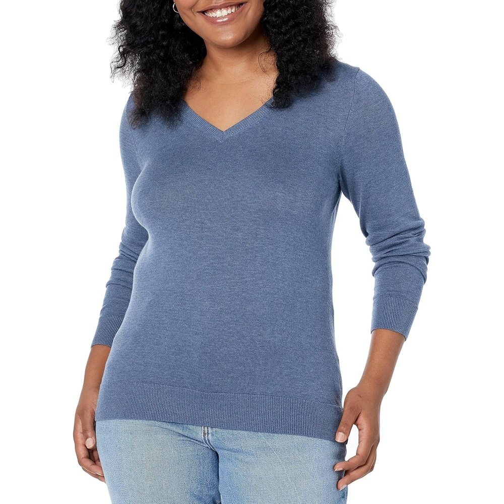 image:imageAmazon Essentials Womens RegularFit Lightweight LongSleeve VNeck Sweater Ribbed Cozy Soft Available in Plus SizeBlue Heather