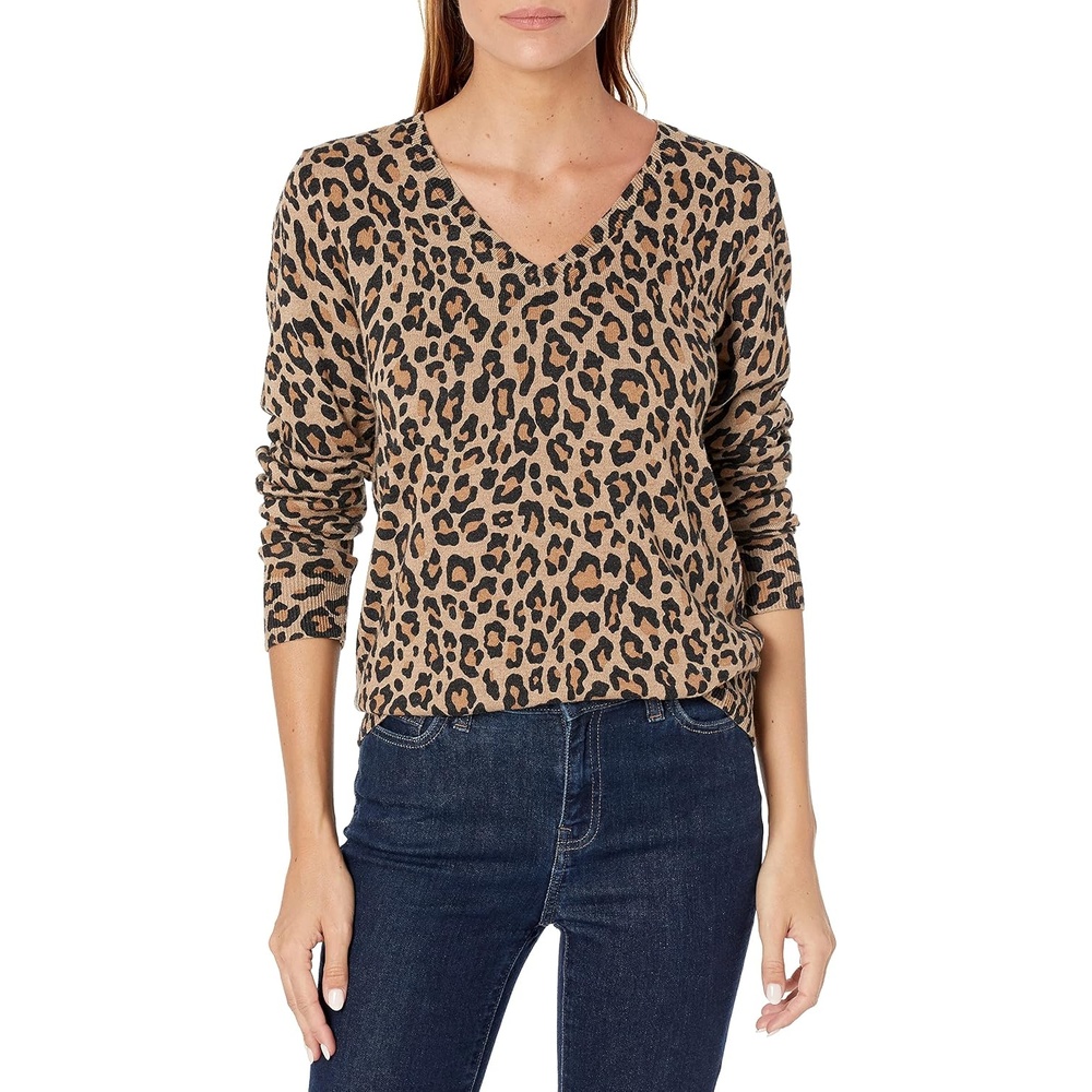 image:imageAmazon Essentials Womens RegularFit Lightweight LongSleeve VNeck Sweater Ribbed Cozy Soft Available in Plus SizeCamel Heather Animal Print
