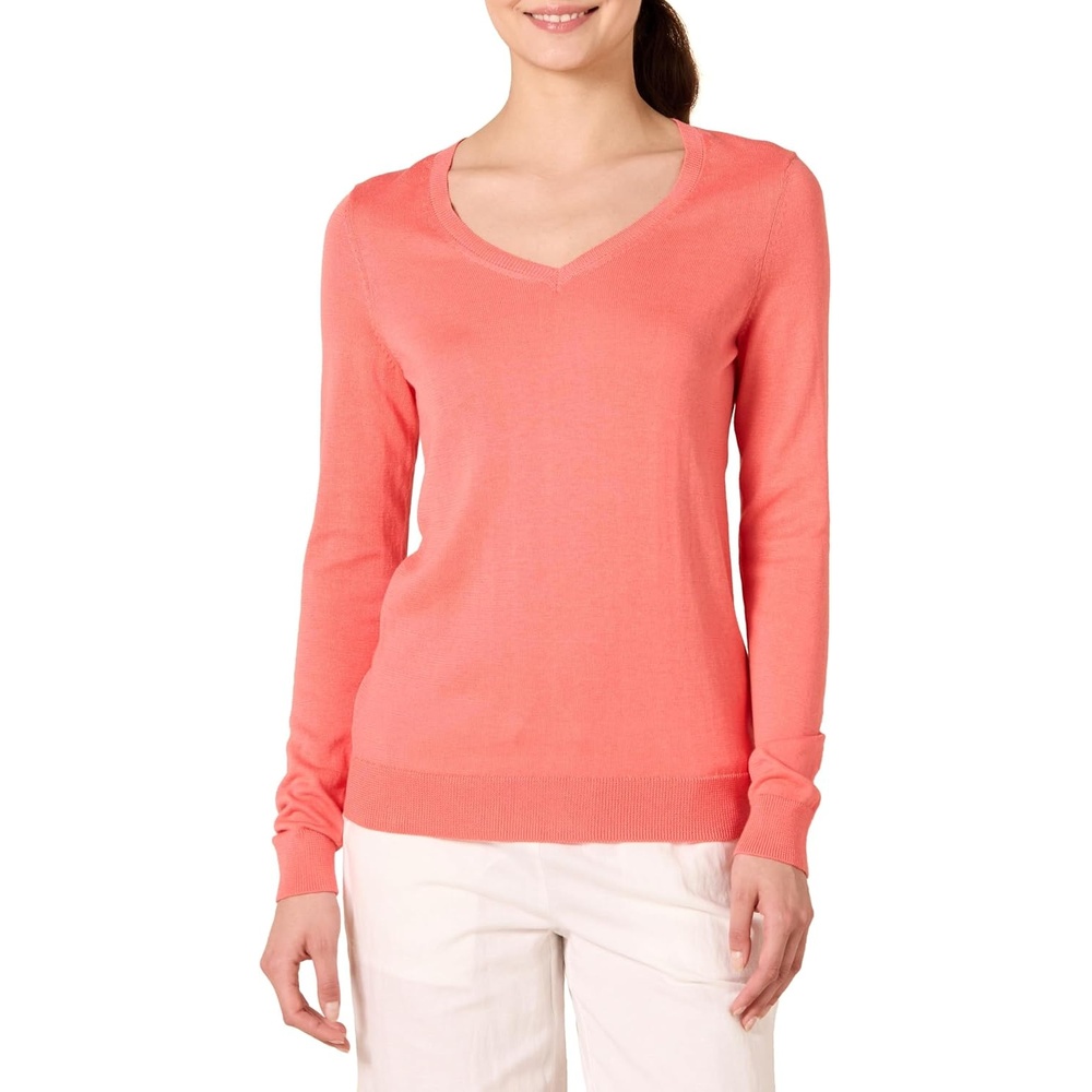 image:imageAmazon Essentials Womens RegularFit Lightweight LongSleeve VNeck Sweater Ribbed Cozy Soft Available in Plus SizeCoral Pink