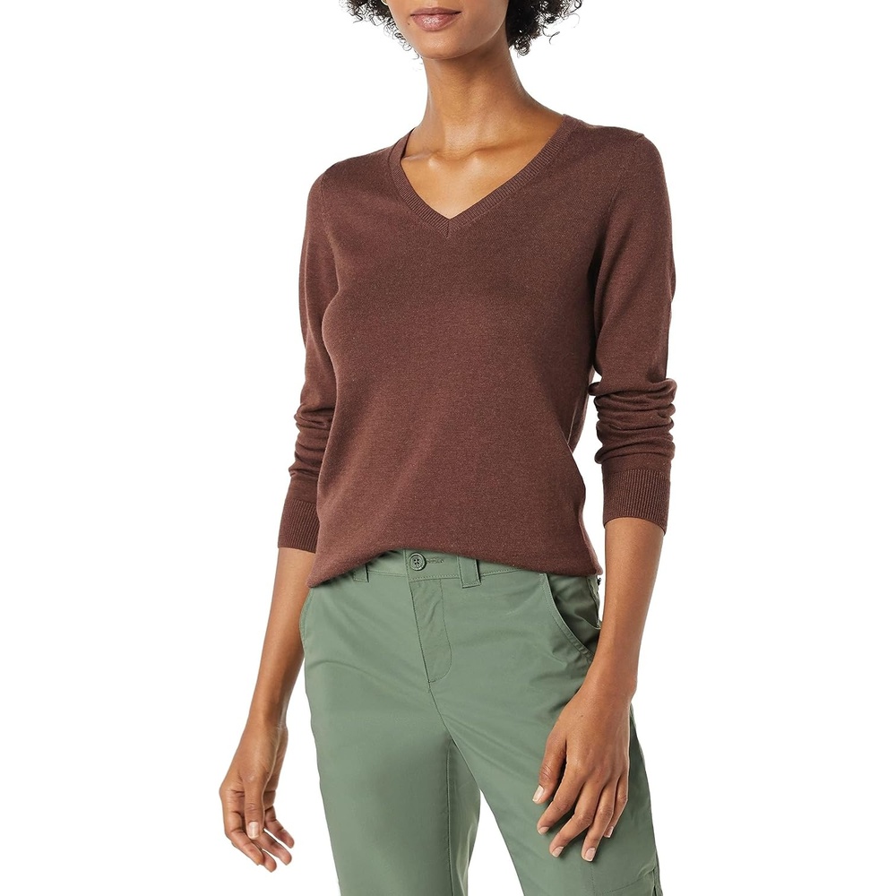 image:imageAmazon Essentials Womens RegularFit Lightweight LongSleeve VNeck Sweater Ribbed Cozy Soft Available in Plus SizeDark Chestnut Brown Heather
