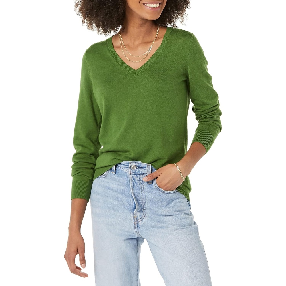 image:imageAmazon Essentials Womens RegularFit Lightweight LongSleeve VNeck Sweater Ribbed Cozy Soft Available in Plus SizeGreen