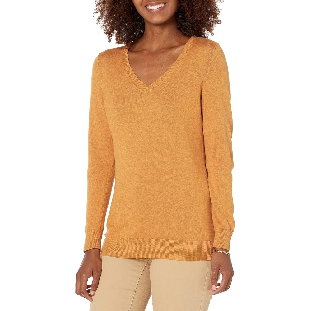 image:imageAmazon Essentials Womens RegularFit Lightweight LongSleeve VNeck Sweater Ribbed Cozy Soft Available in Plus SizeMustard Heather