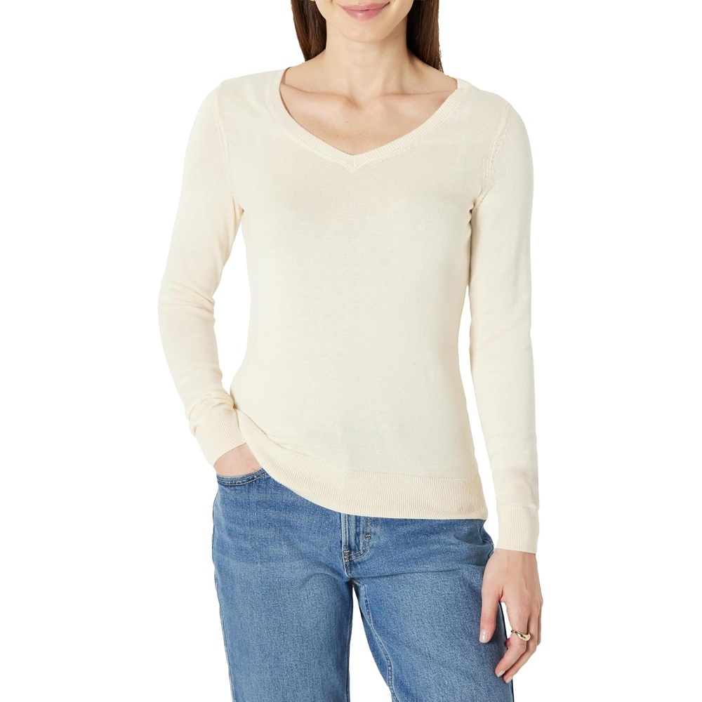 image:imageAmazon Essentials Womens RegularFit Lightweight LongSleeve VNeck Sweater Ribbed Cozy Soft Available in Plus SizePale Peach