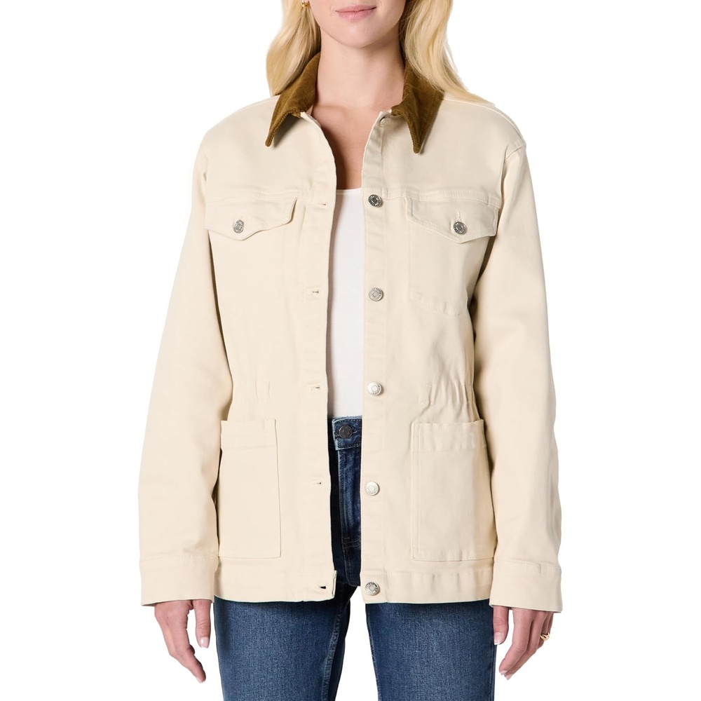 image:imageAmazon Essentials Womens RegularFit Low Stretch Denim Cinched Waist Barn Jacket with Corduroy Collar Chest PocketsEcru