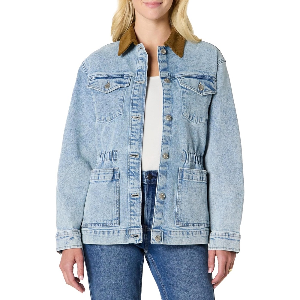 image:imageAmazon Essentials Womens RegularFit Low Stretch Denim Cinched Waist Barn Jacket with Corduroy Collar Chest PocketsIced Light Wash