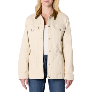 Amazon Essentials Women’s Regular-Fit Low Stretch Denim Cinched Waist Barn Jacket with Corduroy Collar, Chest Pockets(Ecru)