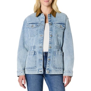 Amazon Essentials Women’s Regular-Fit Low Stretch Denim Cinched Waist Barn Jacket with Corduroy Collar, Chest Pockets(Iced Light Wash)