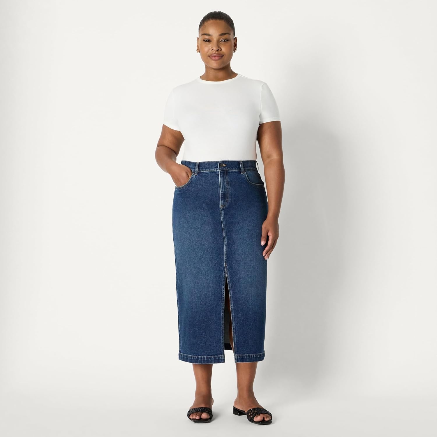 image:imageAmazon Essentials Womens RegularFit HighRise Long Jean Skirt with Slight Aline Silhouette 5 Pocket StylingStone Dark Wash