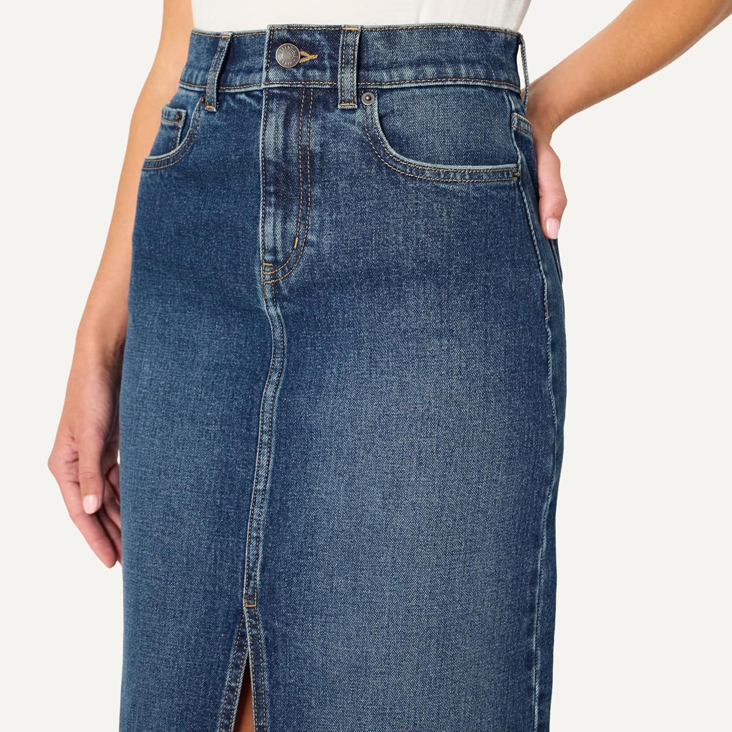 image:imageAmazon Essentials Womens RegularFit HighRise Long Jean Skirt with Slight Aline Silhouette 5 Pocket StylingStone Dark Wash