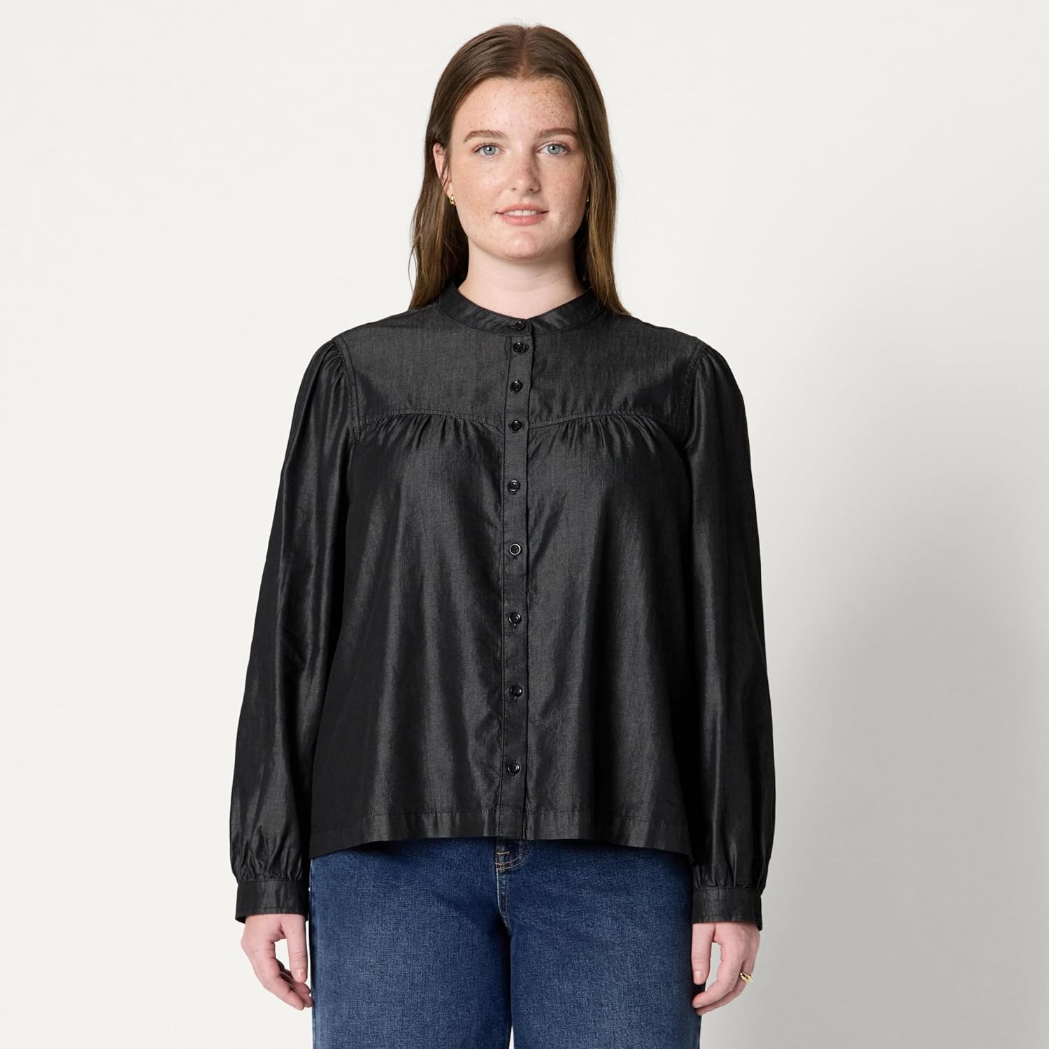 image:imageAmazon Essentials Womens Relaxed Fit Denim Chambray LongSleeve Tunic Top with Blouson Sleeves Cotton Lyocell BlendBlack Wash