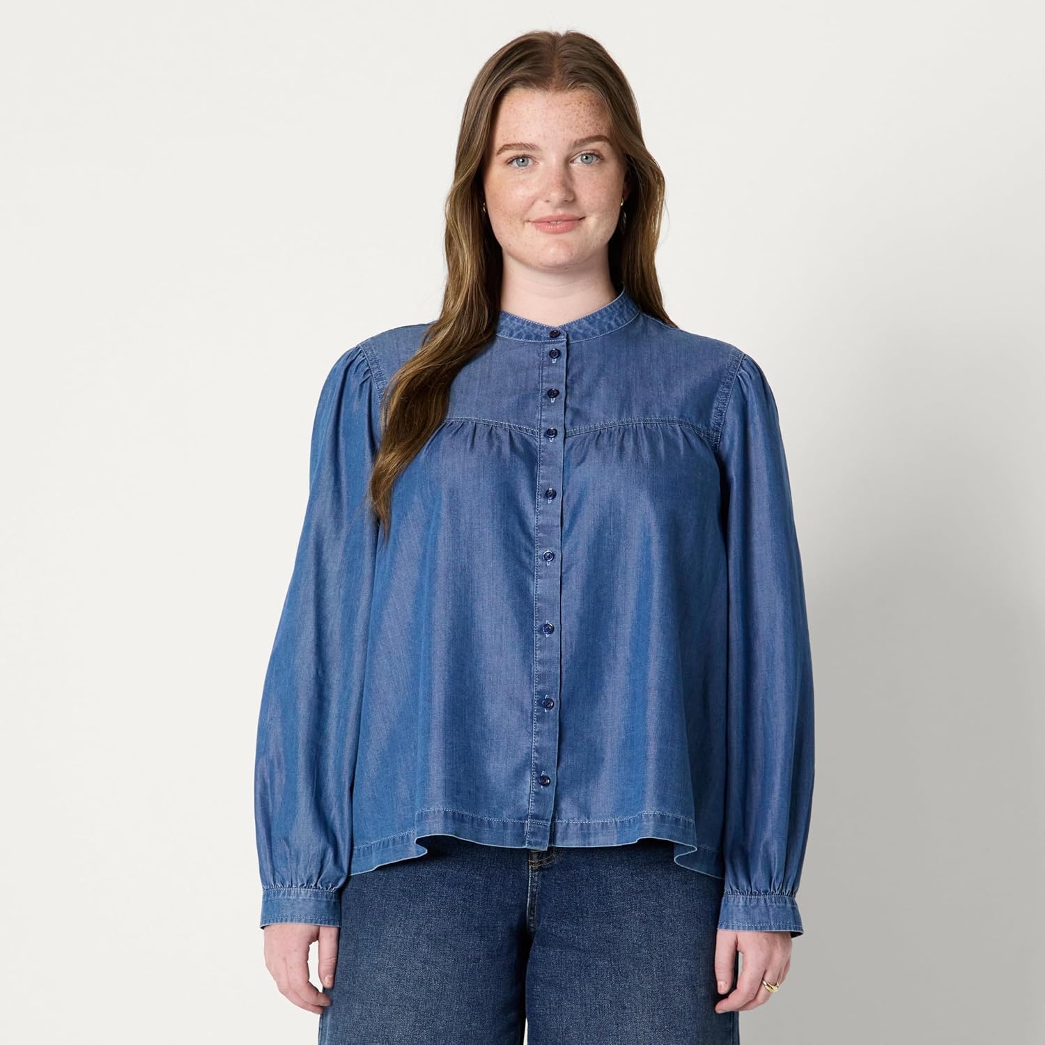 image:imageAmazon Essentials Womens Relaxed Fit Denim Chambray LongSleeve Tunic Top with Blouson Sleeves Cotton Lyocell BlendClassic Medium Wash