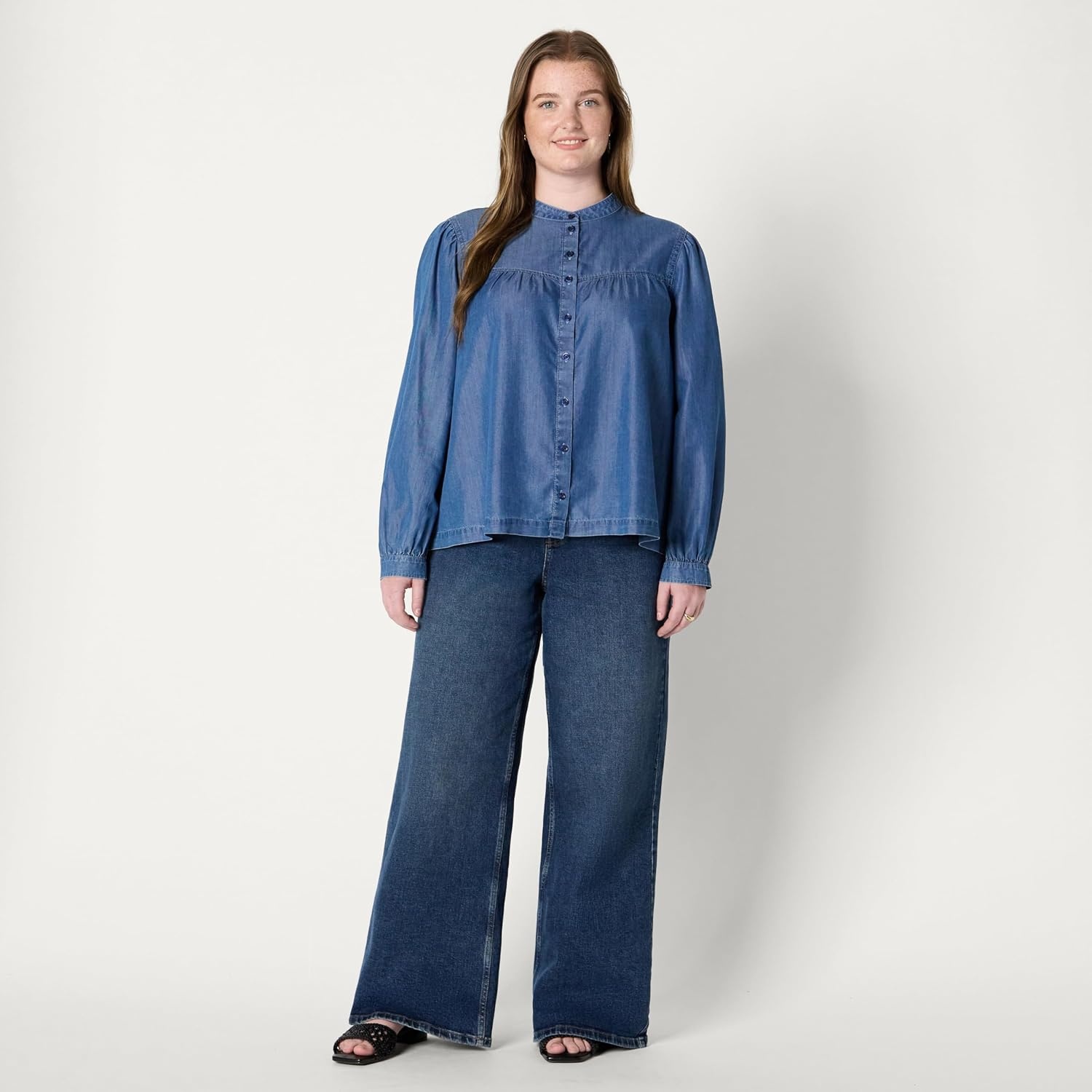 image:imageAmazon Essentials Womens Relaxed Fit Denim Chambray LongSleeve Tunic Top with Blouson Sleeves Cotton Lyocell BlendClassic Medium Wash