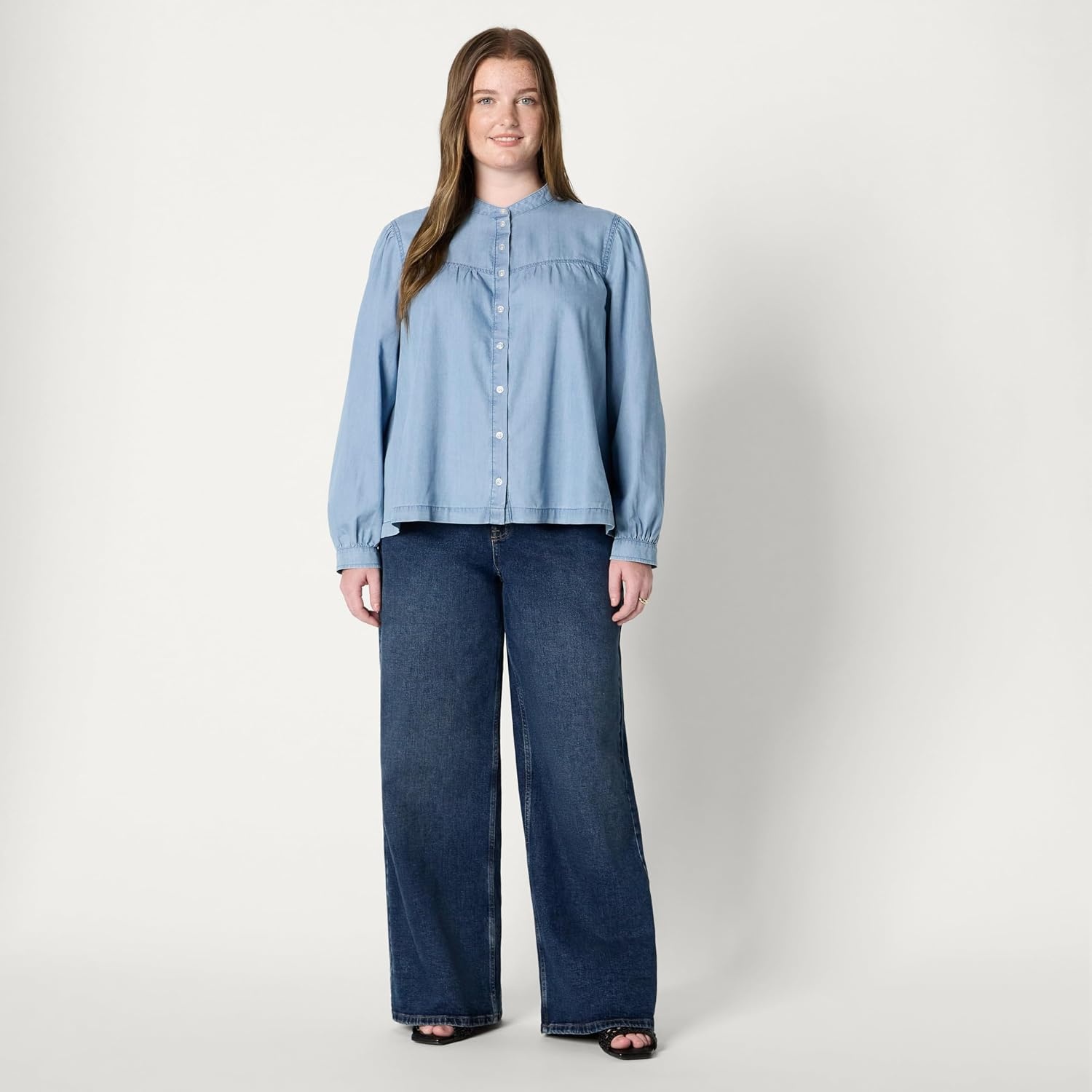 image:imageAmazon Essentials Womens Relaxed Fit Denim Chambray LongSleeve Tunic Top with Blouson Sleeves Cotton Lyocell BlendIced Blue Light Wash