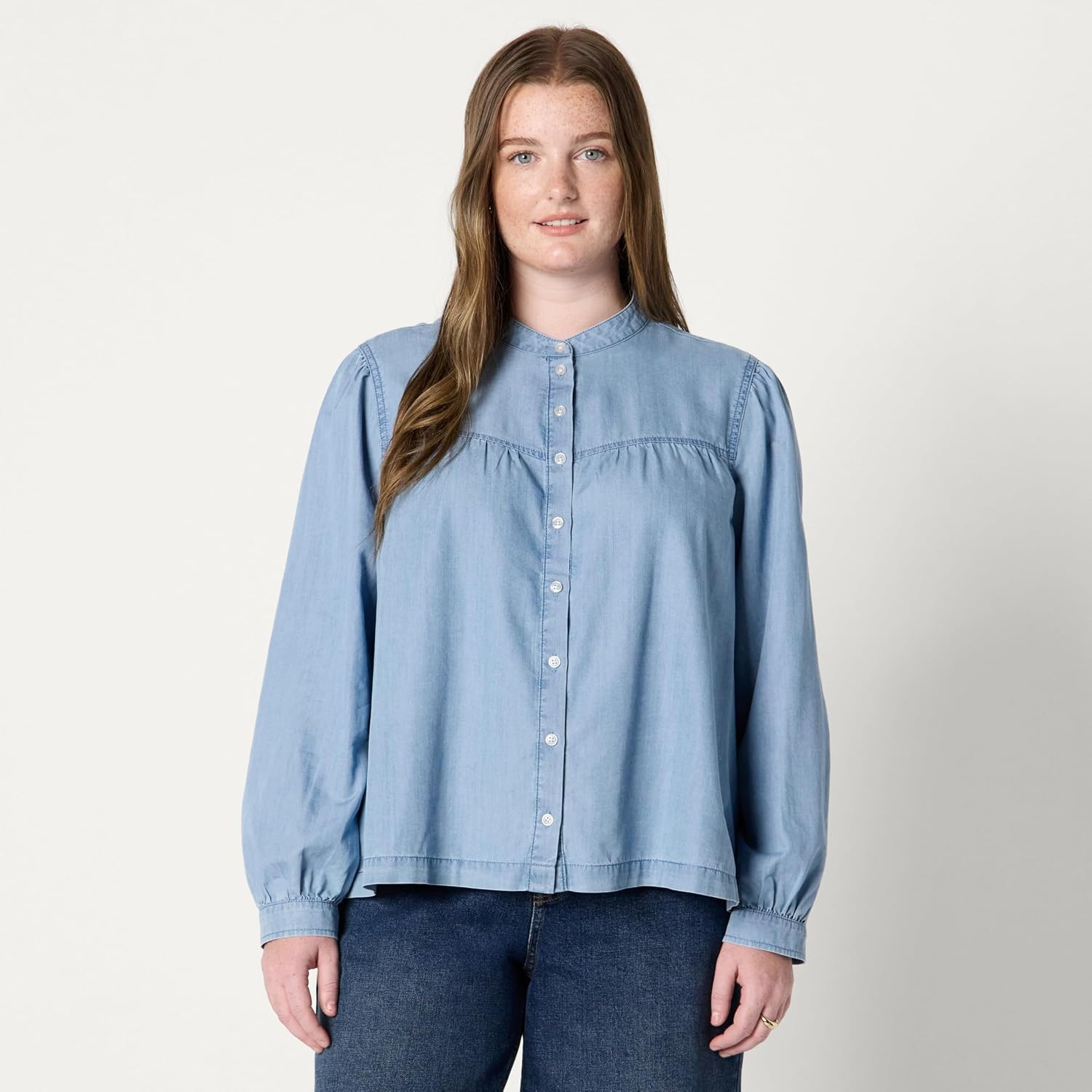 image:imageAmazon Essentials Womens Relaxed Fit Denim Chambray LongSleeve Tunic Top with Blouson Sleeves Cotton Lyocell BlendIced Blue Light Wash
