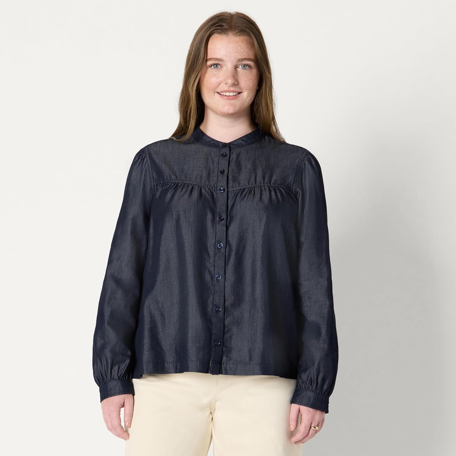 image:imageAmazon Essentials Womens Relaxed Fit Denim Chambray LongSleeve Tunic Top with Blouson Sleeves Cotton Lyocell BlendRinse