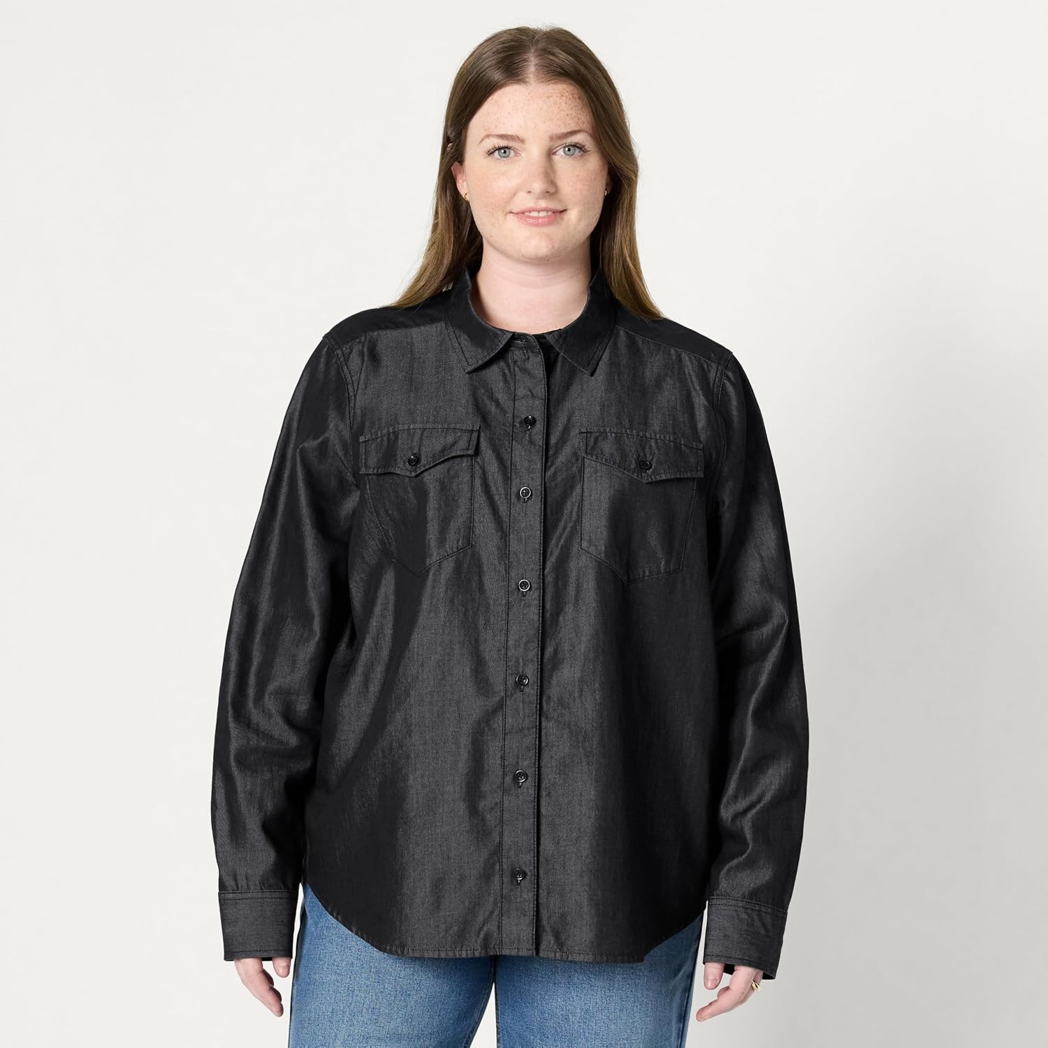 image:imageAmazon Essentials Womens RelaxedFit Denim Chambray ButtonDown LongSleeve Shirt Soft Cotton Lyocell BlendBlack Wash