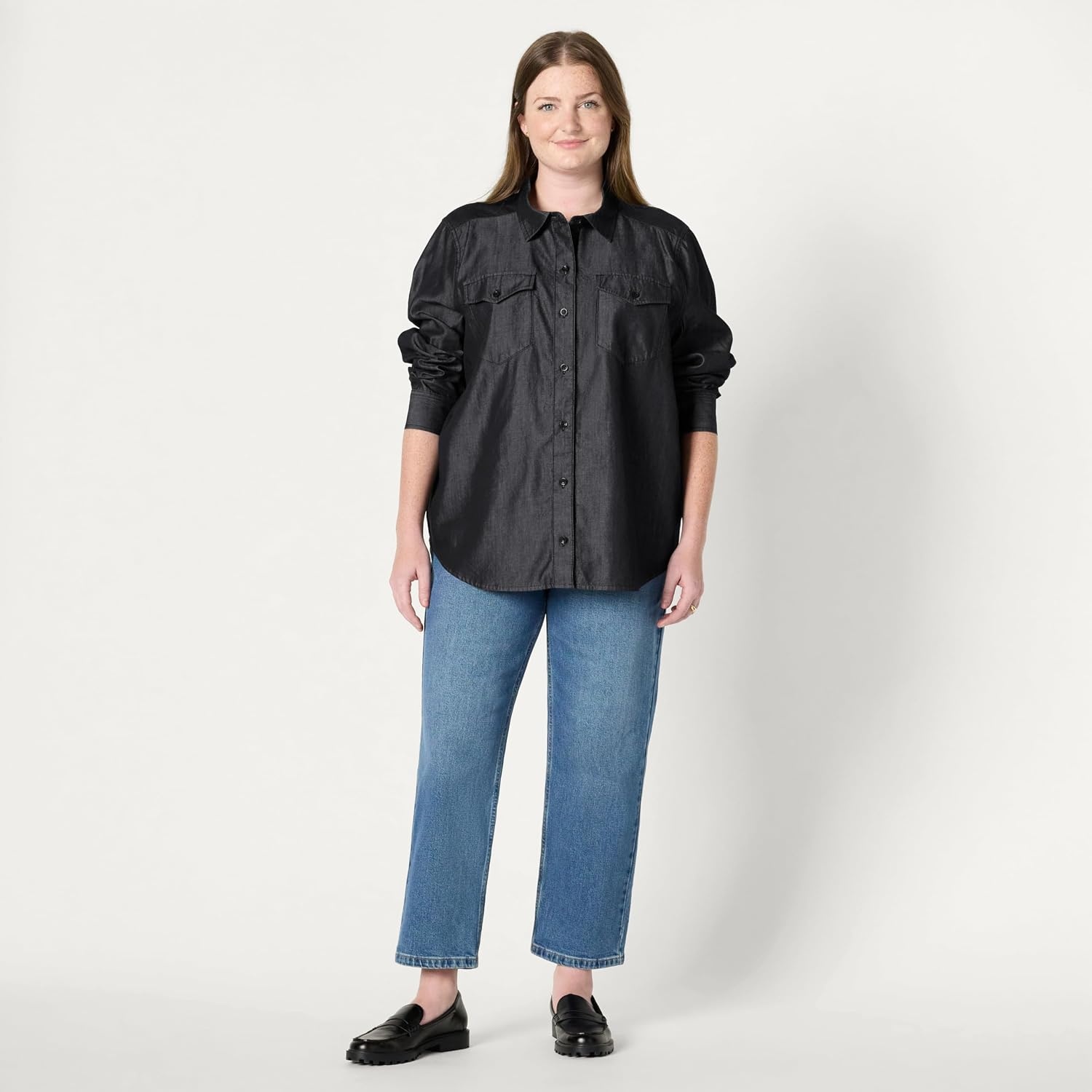 image:imageAmazon Essentials Womens RelaxedFit Denim Chambray ButtonDown LongSleeve Shirt Soft Cotton Lyocell BlendBlack Wash