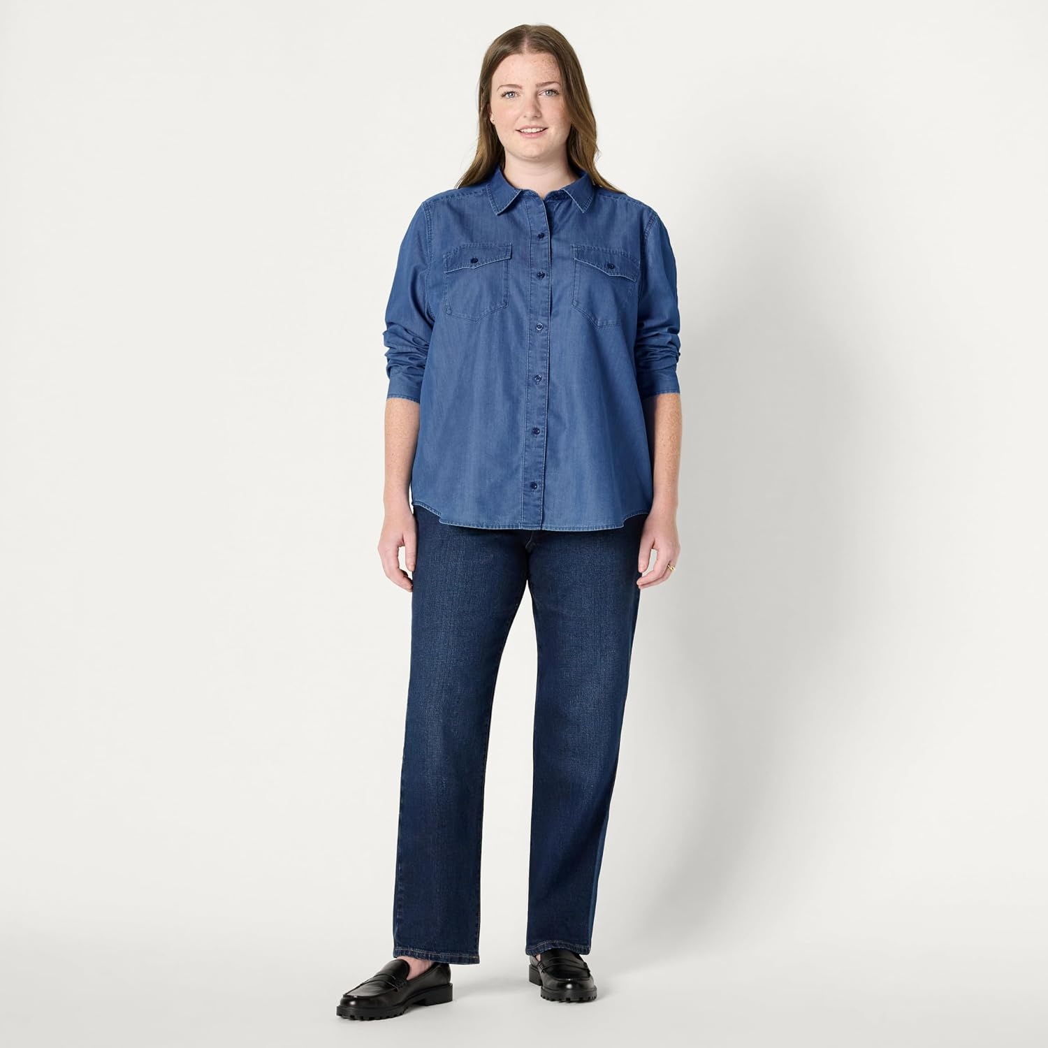 image:imageAmazon Essentials Womens RelaxedFit Denim Chambray ButtonDown LongSleeve Shirt Soft Cotton Lyocell BlendClassic Medium Wash