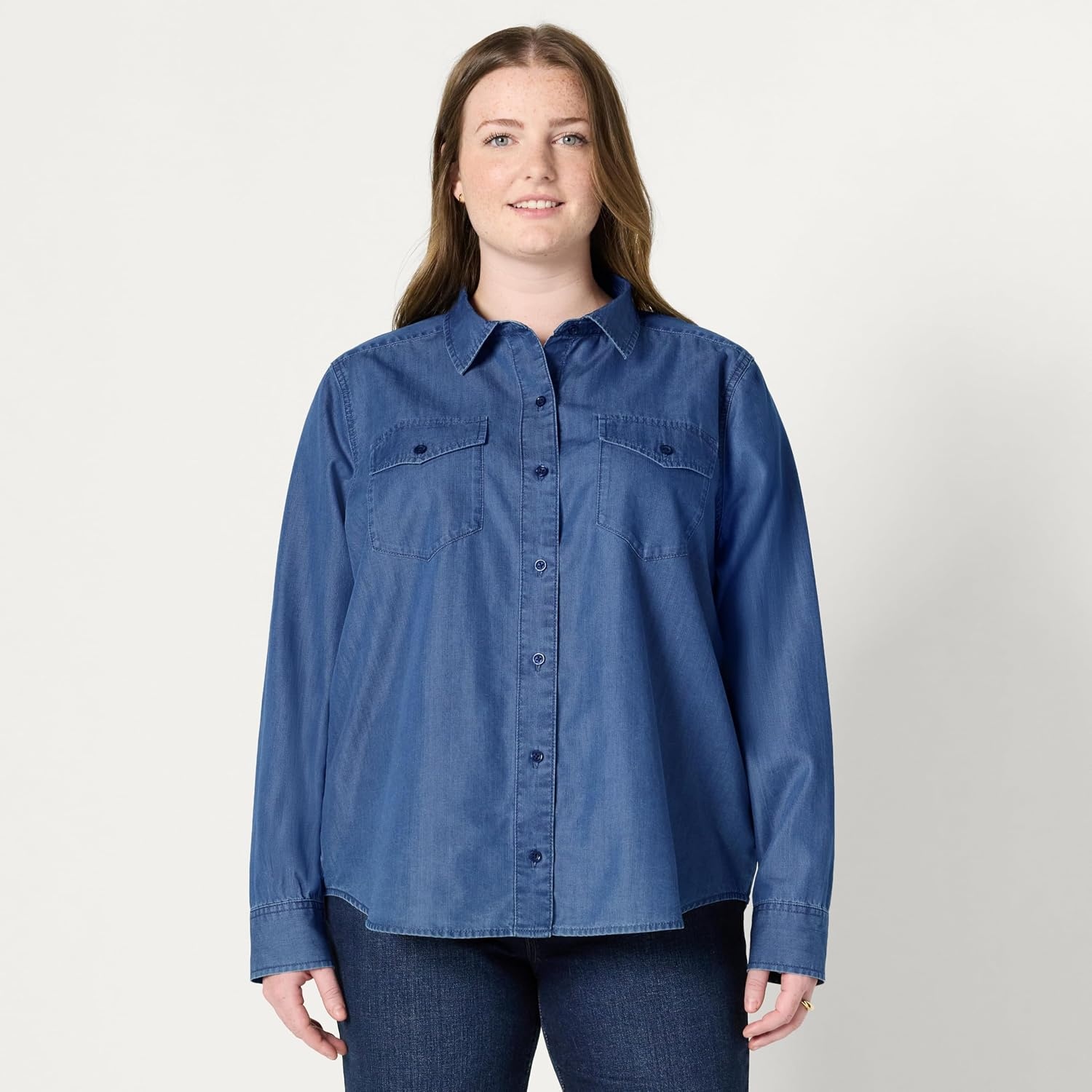 image:imageAmazon Essentials Womens RelaxedFit Denim Chambray ButtonDown LongSleeve Shirt Soft Cotton Lyocell BlendClassic Medium Wash