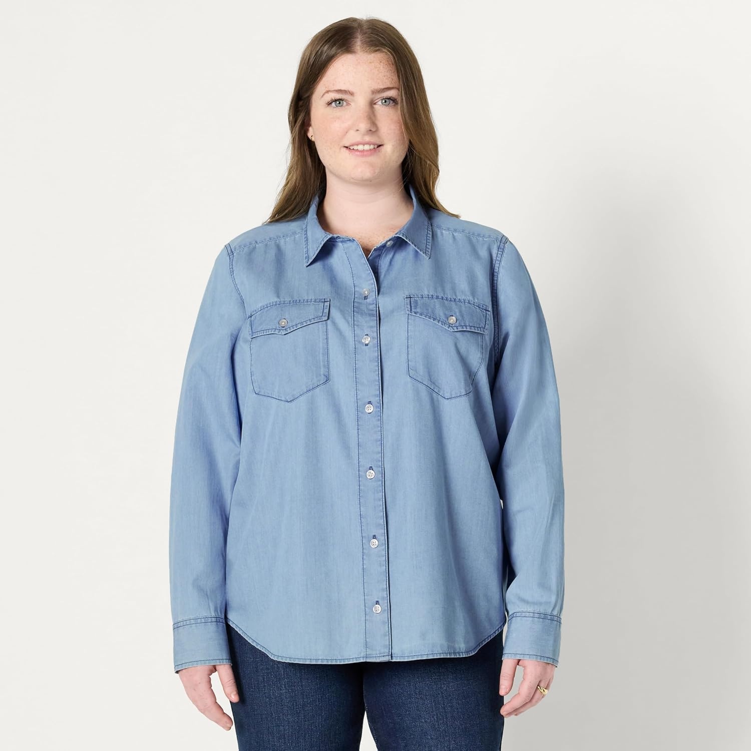 image:imageAmazon Essentials Womens RelaxedFit Denim Chambray ButtonDown LongSleeve Shirt Soft Cotton Lyocell BlendIced Blue Light Wash
