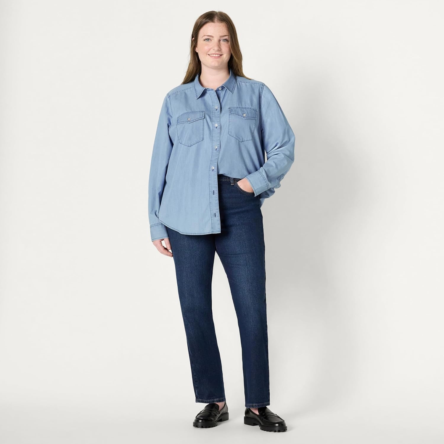 image:imageAmazon Essentials Womens RelaxedFit Denim Chambray ButtonDown LongSleeve Shirt Soft Cotton Lyocell BlendIced Blue Light Wash