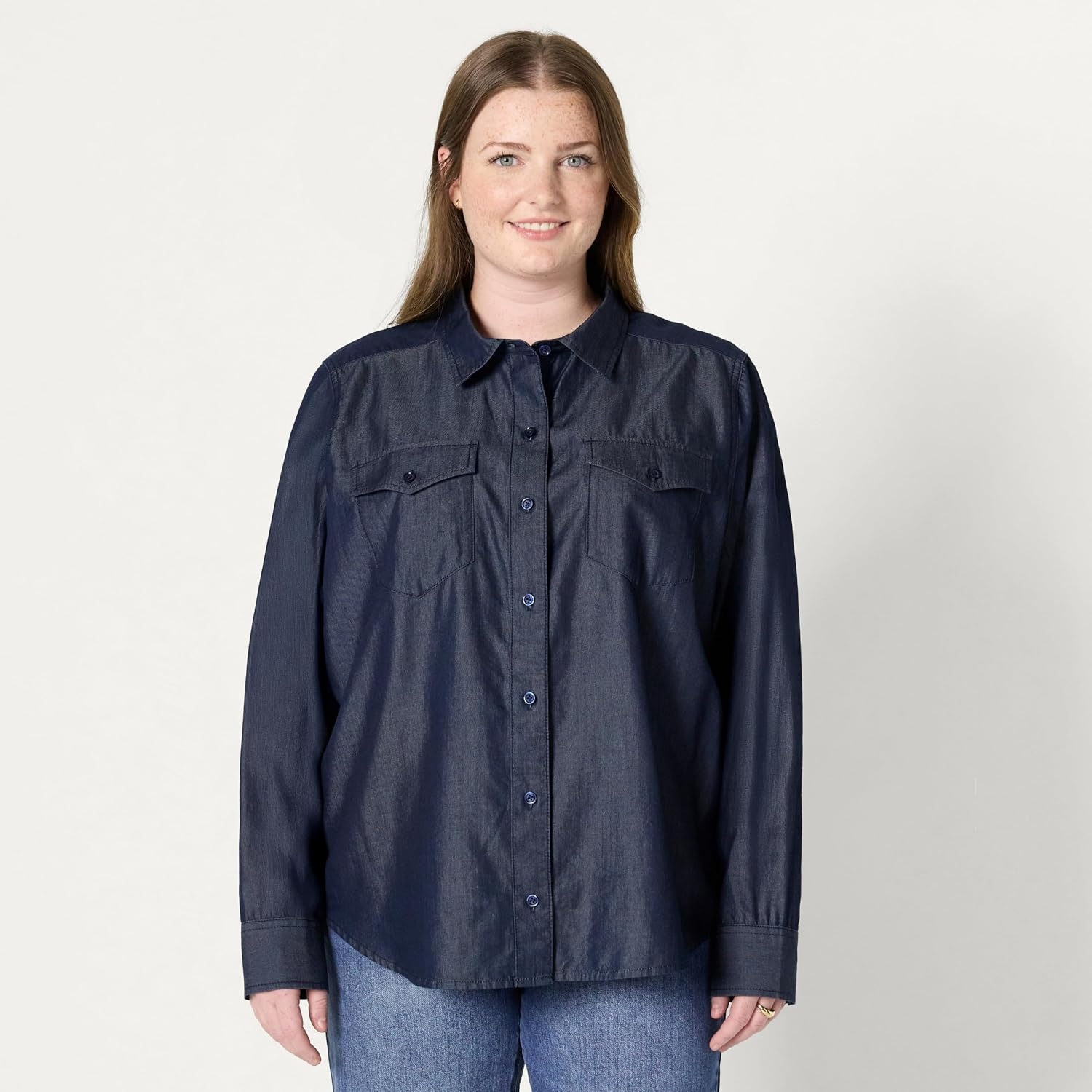 image:imageAmazon Essentials Womens RelaxedFit Denim Chambray ButtonDown LongSleeve Shirt Soft Cotton Lyocell BlendRinse