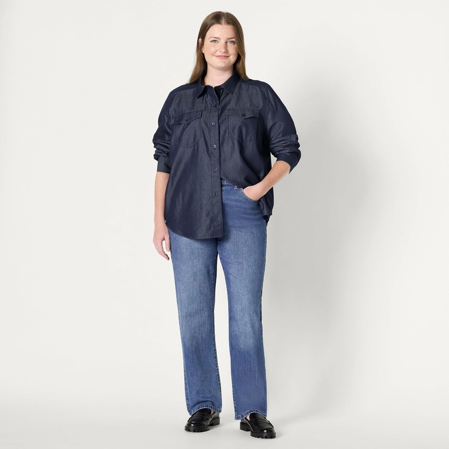 image:imageAmazon Essentials Womens RelaxedFit Denim Chambray ButtonDown LongSleeve Shirt Soft Cotton Lyocell BlendRinse