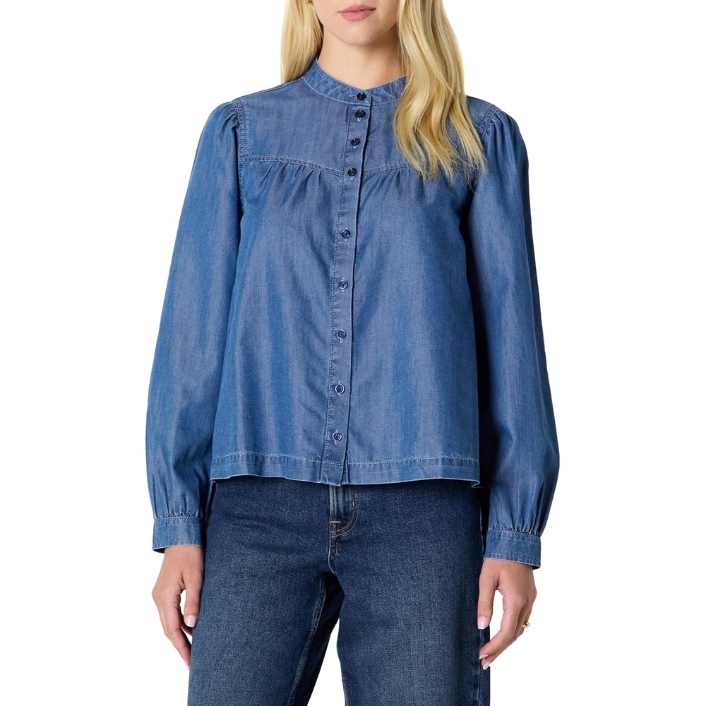 image:imageAmazon Essentials Womens Relaxed Fit Denim Chambray LongSleeve Tunic Top with Blouson Sleeves Cotton Lyocell BlendClassic Medium Wash