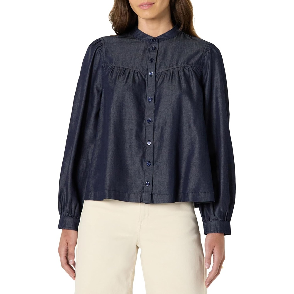 image:imageAmazon Essentials Womens Relaxed Fit Denim Chambray LongSleeve Tunic Top with Blouson Sleeves Cotton Lyocell BlendRinse
