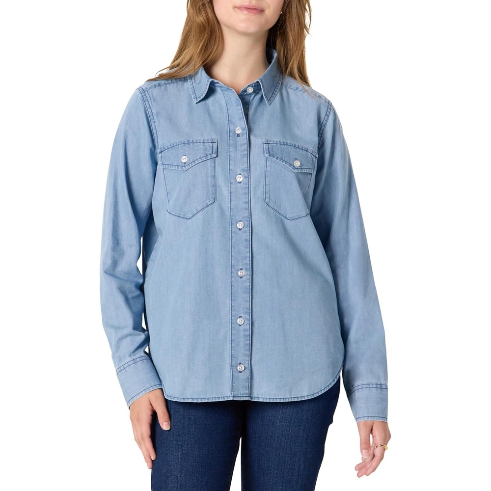 image:imageAmazon Essentials Womens RelaxedFit Denim Chambray ButtonDown LongSleeve Shirt Soft Cotton Lyocell BlendIced Blue Light Wash