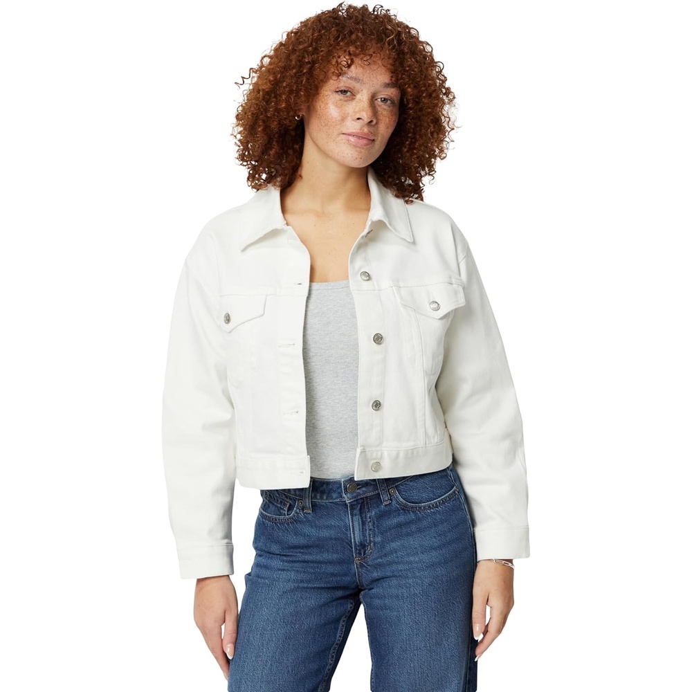 image:imageAmazon Essentials Womens Low Stretch RelaxedFit Cropped Denim JacketWhite