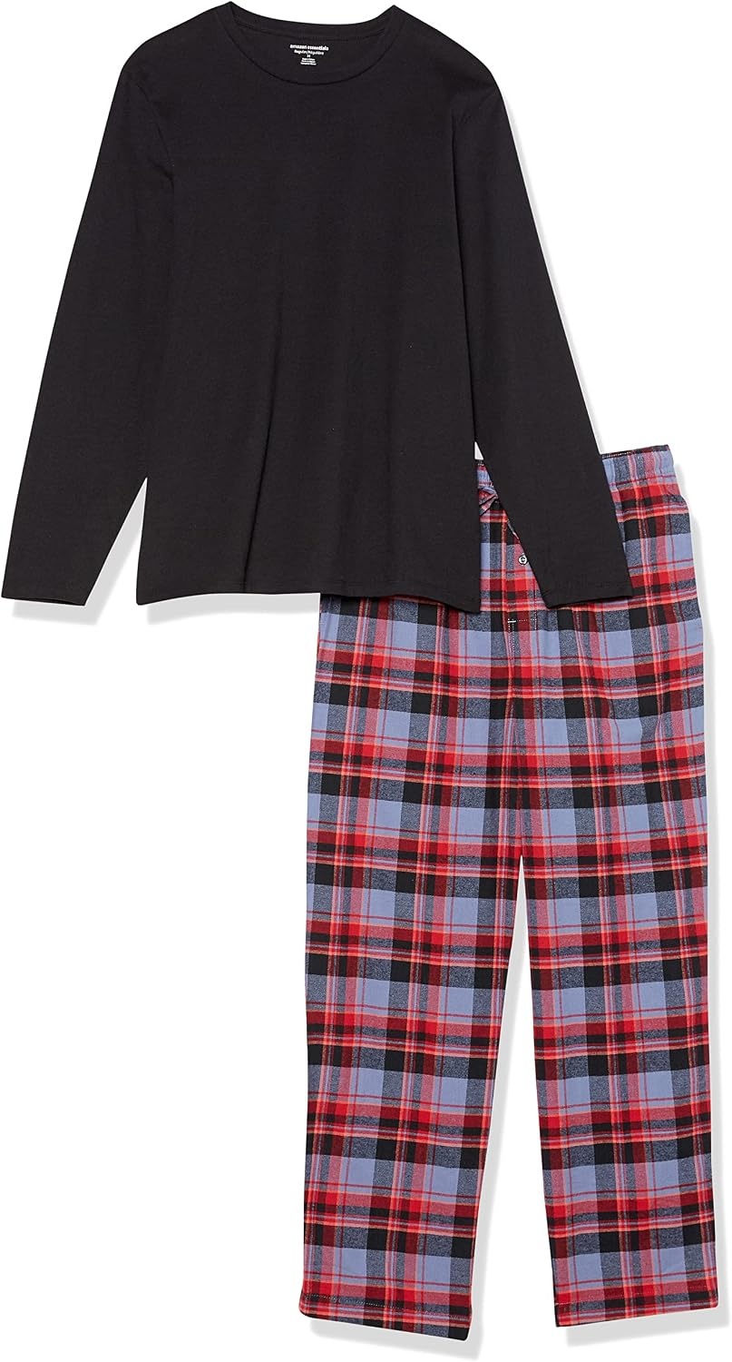 image:imageAmazon Essentials Mens 100 Cotton Flannel Pant and LongSleeve TShirt Pajama SetBlack Blue Mixed Tartan