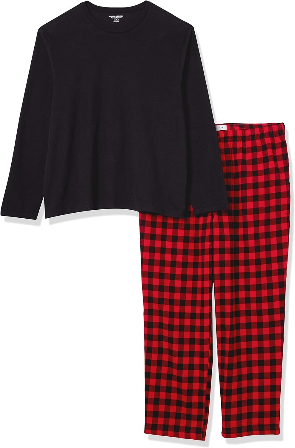 image:imageAmazon Essentials Mens 100 Cotton Flannel Pant and LongSleeve TShirt Pajama SetBlack Red Buffalo Plaid