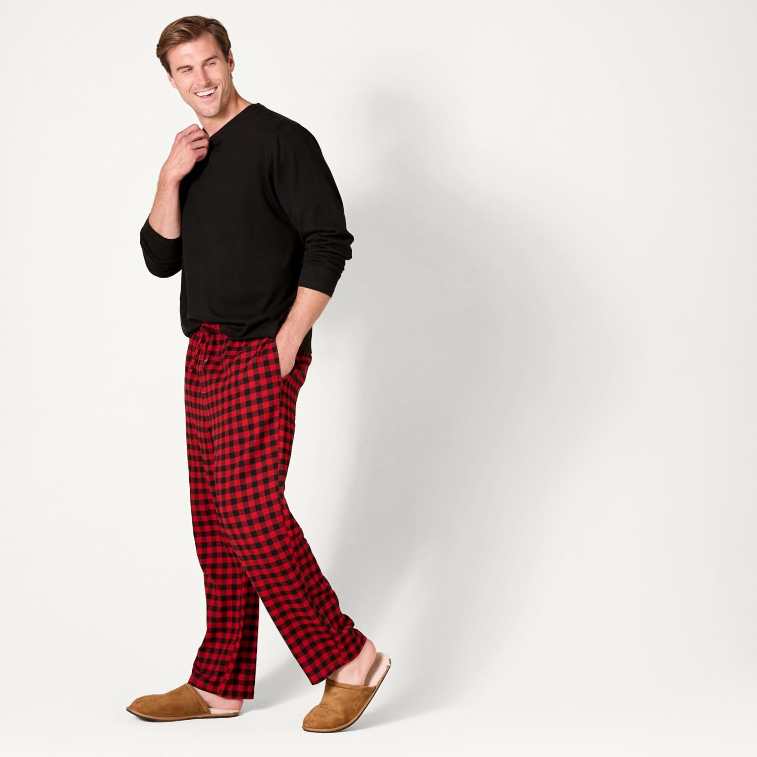 image:imageAmazon Essentials Mens 100 Cotton Flannel Pant and LongSleeve TShirt Pajama SetBlack and Classic Buffalo Check