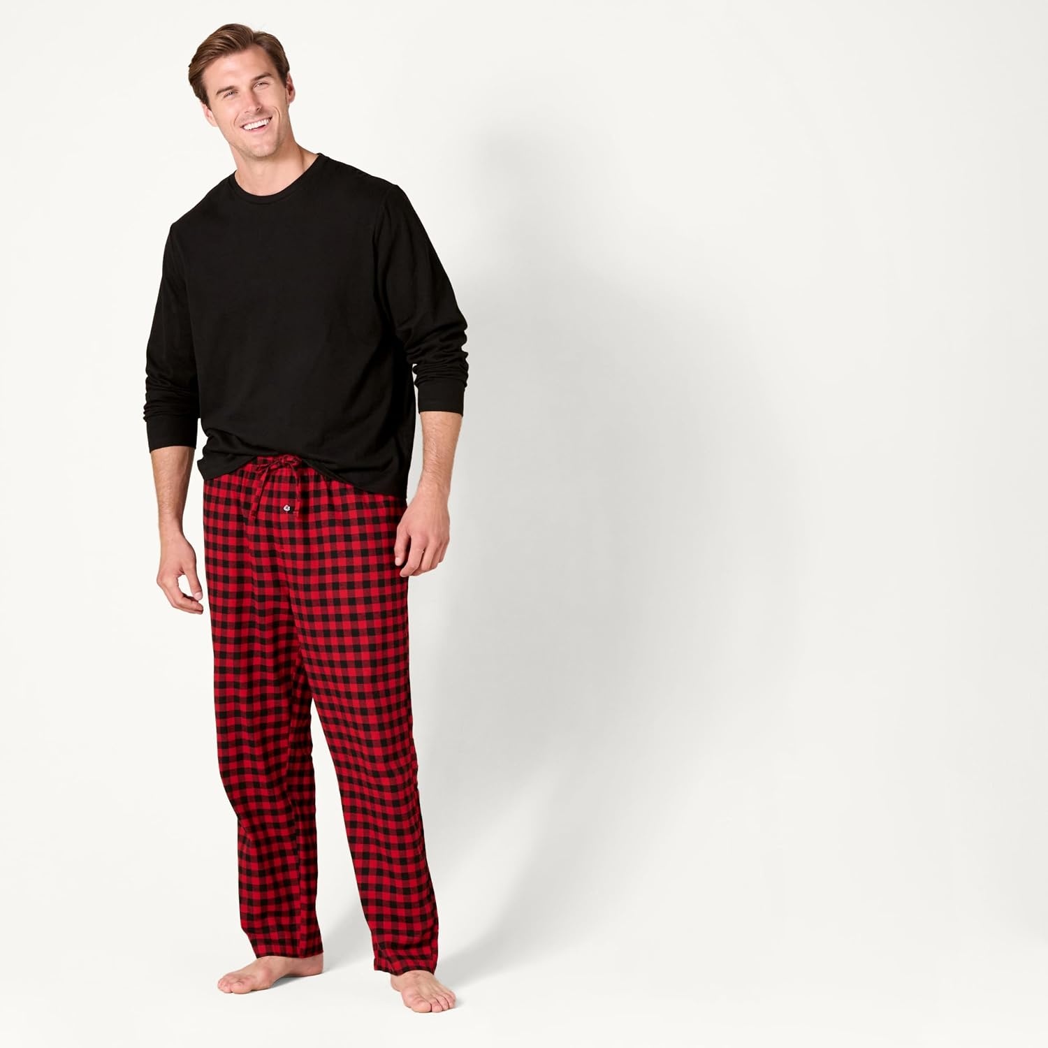 image:imageAmazon Essentials Mens 100 Cotton Flannel Pant and LongSleeve TShirt Pajama SetBlack and Classic Buffalo Check