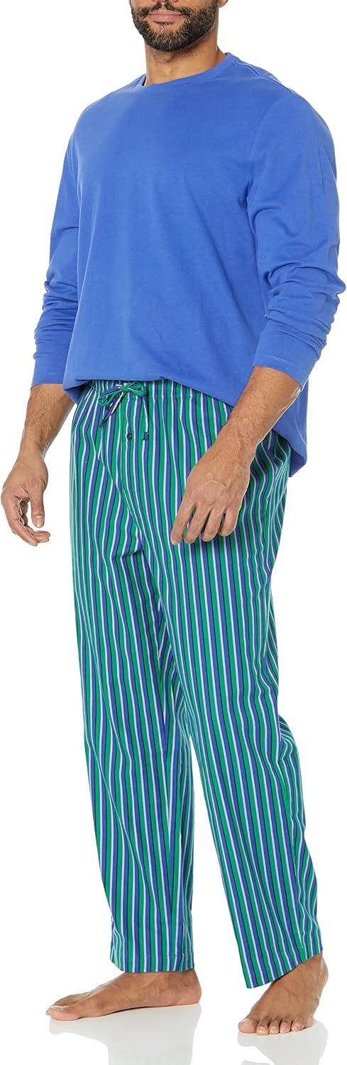 image:imageAmazon Essentials Mens 100 Cotton Flannel Pant and LongSleeve TShirt Pajama SetBlue Green Stripe