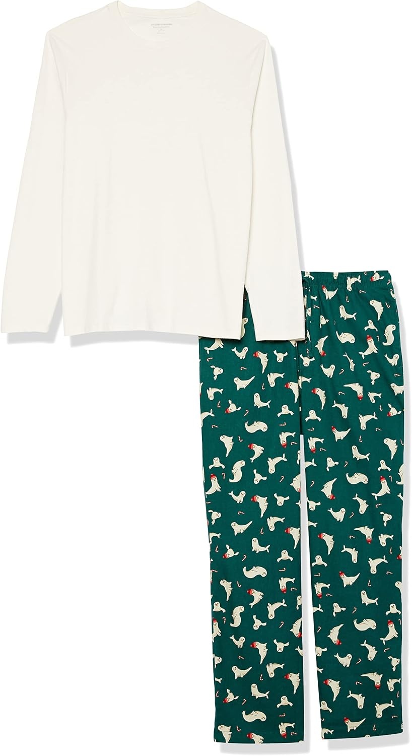 image:imageAmazon Essentials Mens 100 Cotton Flannel Pant and LongSleeve TShirt Pajama SetEggshell WhiteGreen Seal