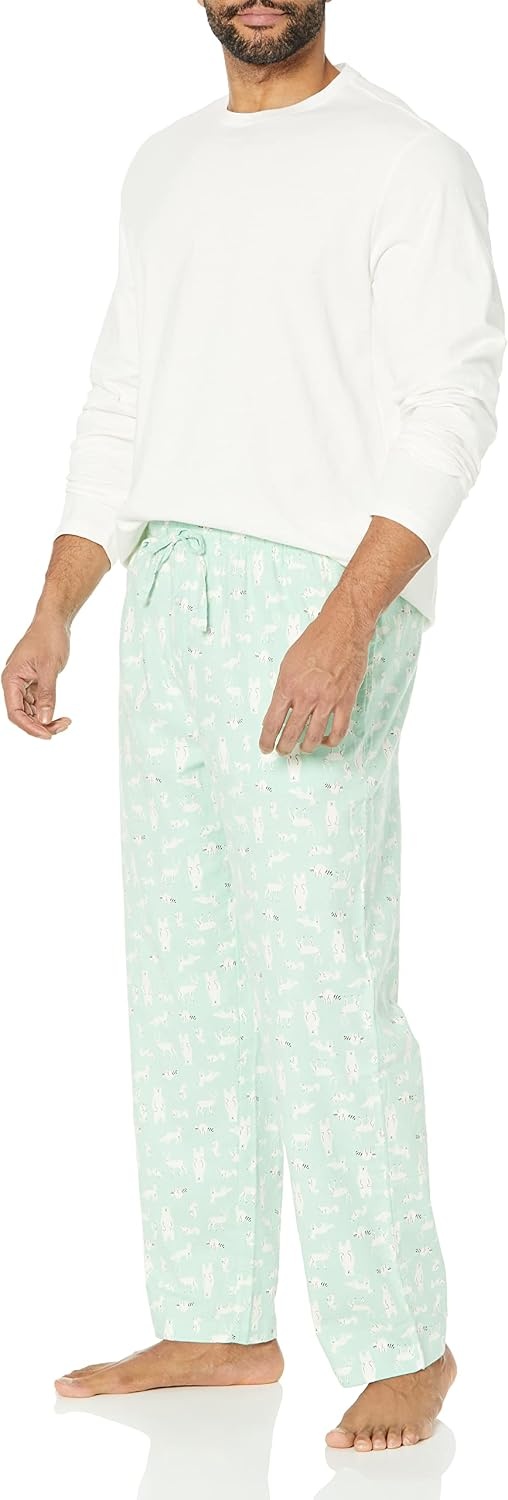 image:imageAmazon Essentials Mens 100 Cotton Flannel Pant and LongSleeve TShirt Pajama SetMint Green Forest Animals